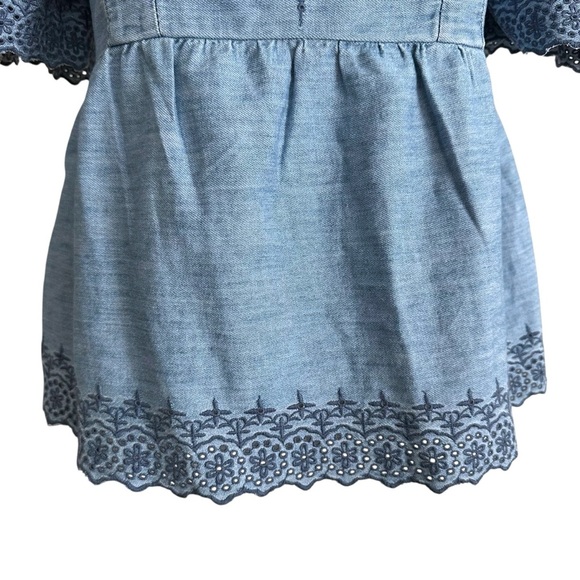 OLD NAVY Chambray Embroidered Peasant Top Smocked Back Flutter Sleeve Boho S NWT - Picture 3 of 13